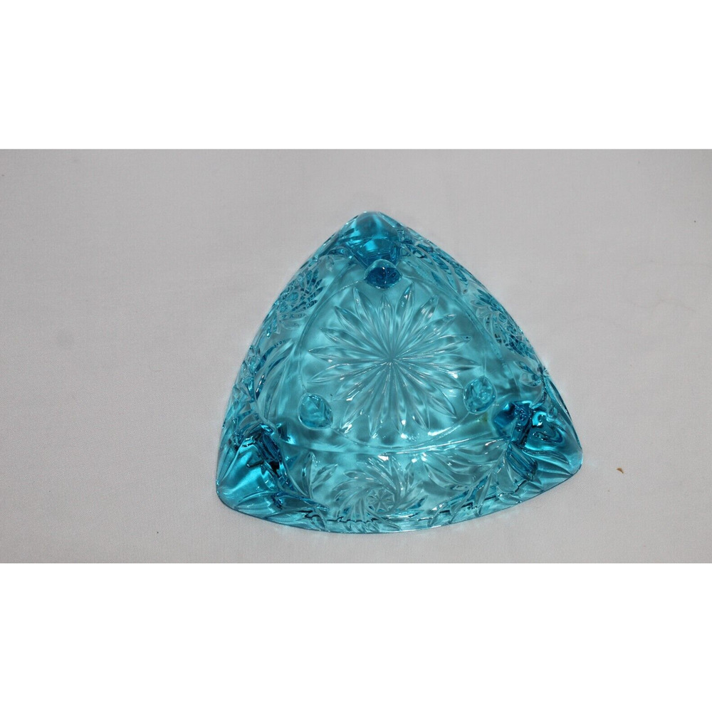 Vintage Hazel Atlas Aqua Blue Starburst Triangle Footed Ashtray Dish - Picture 3 of 6